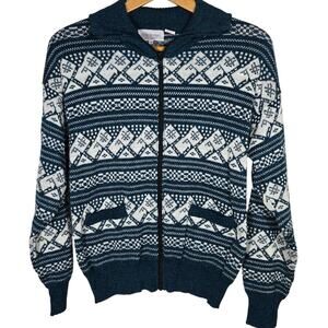 Vtg Acrylic Fair Isle Small Mens Full Zip Ski Sweater Winter Sports Cozy Cabin